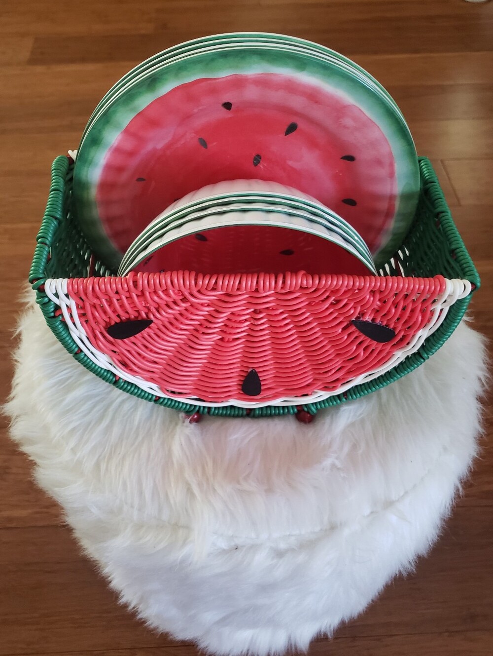 9 Piece Watermelon Wicker Basket 4 Bowls Plates Themed Woven Holder Picnic Set